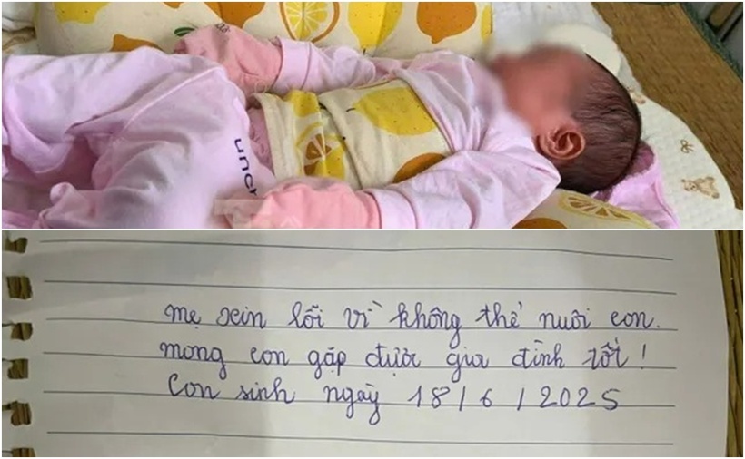 Bé gái bị bỏ rơi trong đêm, kèm tờ giấy ghi "mẹ xin lỗi vì không thể nuôi con". (Ảnh: Báo Tiền phong)