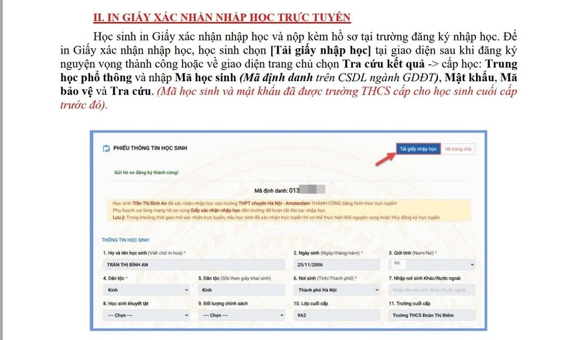 Hướng dẫn cách xác nhận nhập học vào lớp 10 Hà Nội 2025 trực tuyến. Ảnh: Dân Việt