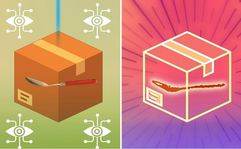Hình ảnh phục dựng 3D (bên phải) của đồ vật đựng trong hộp kín (bên trái). (Ảnh: MIT)