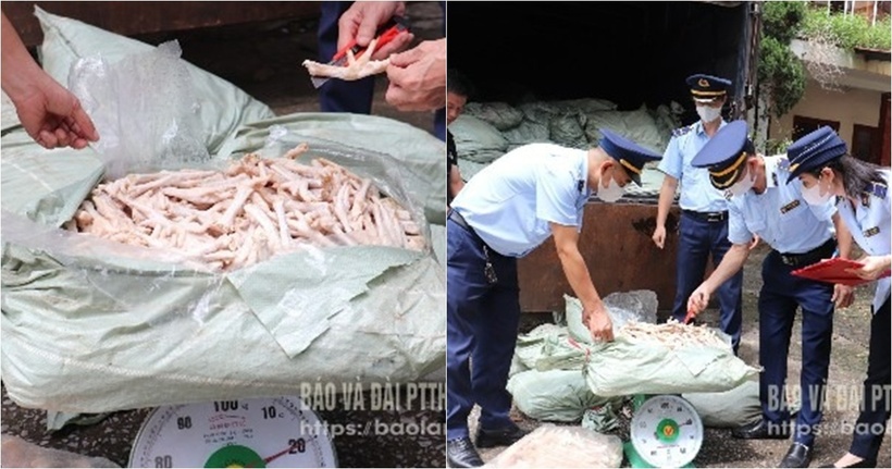 4 tấn chân gà không rõ nguồn gốc, có dấu hiệu chảy nước. Ảnh: Báo Lạng Sơn.