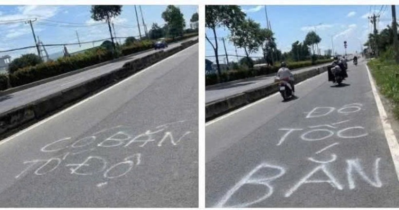 Đường Lê Quang Đạo (cách cầu An Hạ khoảng 200m) xuất hiện dòng chữ “bắn tốc độ” và “có bắn tốc độ” trên mặt đường. Ảnh: Vietnamnet.