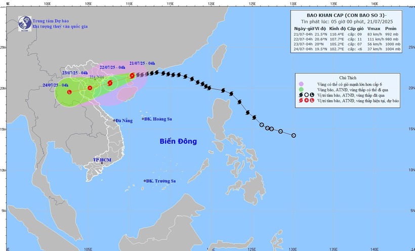 Dự báo hướng đi của bão số 3 WIPHA. (Ảnh: Trung tâm Dự báo Khí tượng thủy văn Quốc gia)