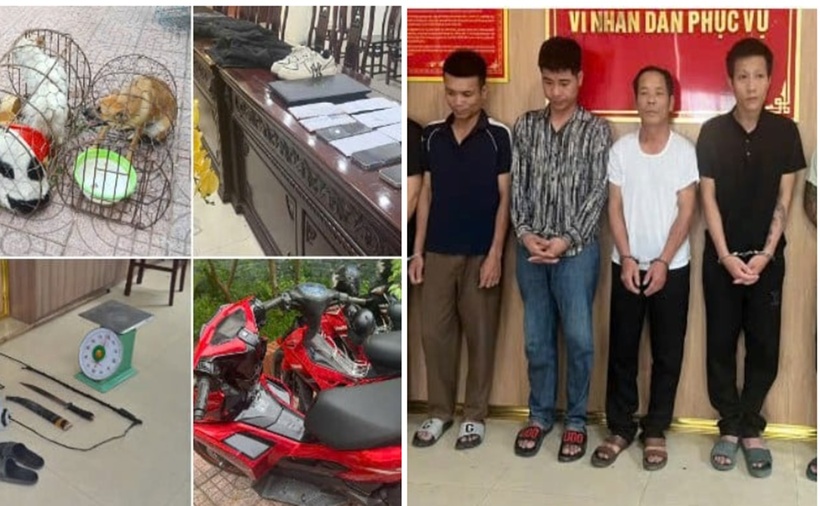 Các đối tượng cùng tang vật tại cơ quan điều tra. (Ảnh: Cơ quan công an)