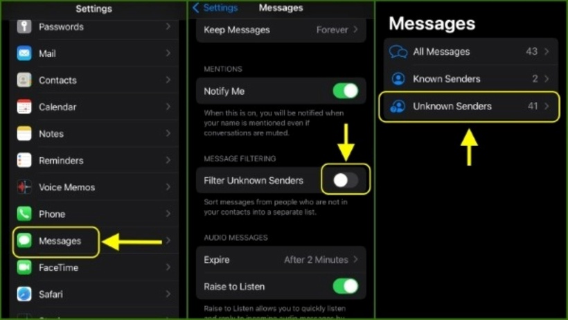 Cách chặn tin nhắn iPhone bằng tính năng Lọc người gửi không xác định.