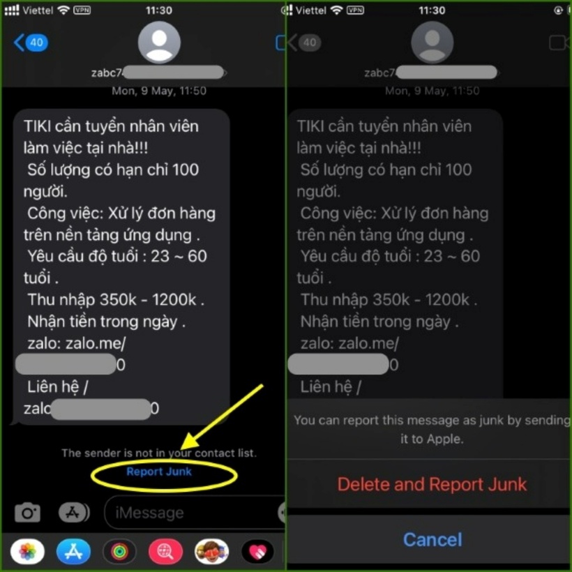 Chặn tin nhắn rác iPhone bằng tính năng Report Junk.