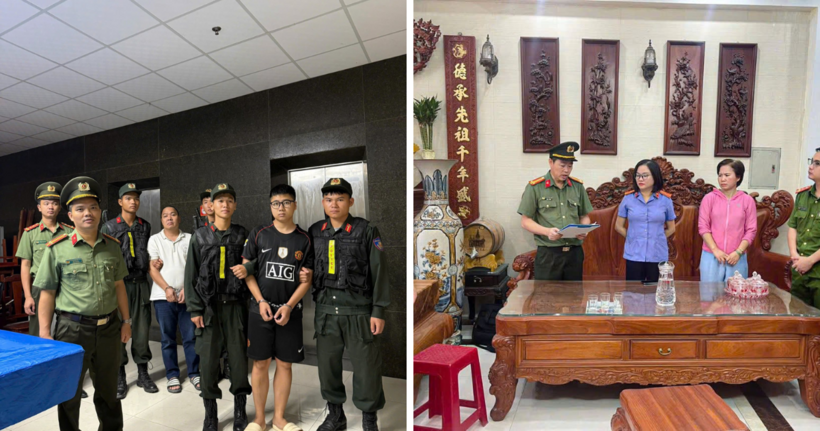 Cơ quan An ninh điều tra thực hiện khám xét nhà riêng, tống đạt quyết định tạm giữ hình sự, khởi tố nhóm đối tượng phạm tội. (Ảnh: Công an Phú Thọ)