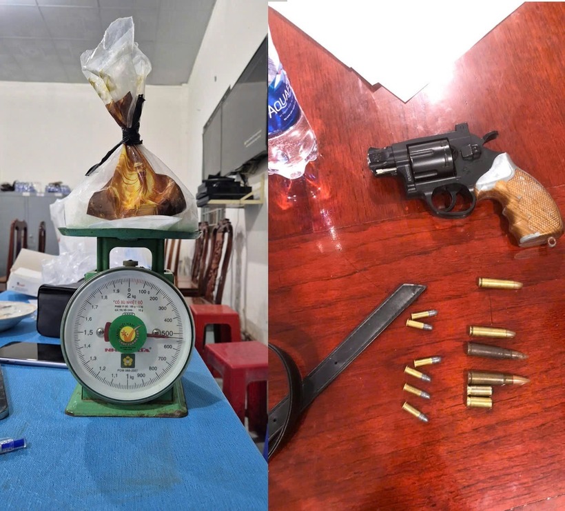 Ma túy và súng đạn được thu giữ. (Ảnh: Công an tỉnh Vĩnh Long)