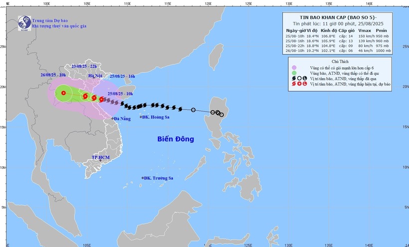 Đường đi của bão số 5. Ảnh: NCHMF