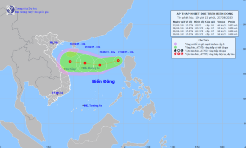 Bản đồ dự báo quỹ đạo và cường độ áp thấp nhiệt đới. Ảnh: NCHMF