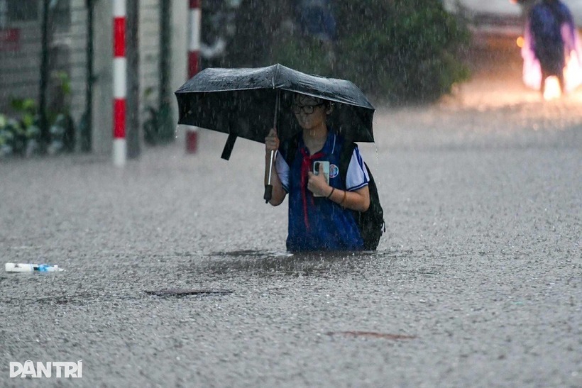 Học sinh lội nước ngang người về nhà giữa mưa lớn. Ảnh: Dân trí