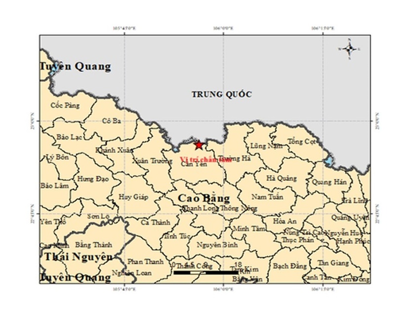 Bản đồ chấn tâm động đất ở Cao Bằng chiều 7/10. (Ảnh: Viện Các khoa học Trái đất)