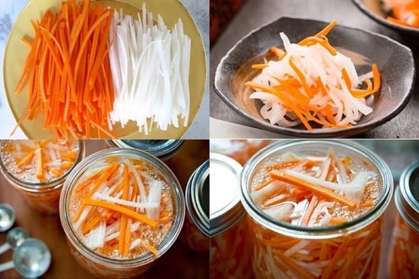 Cà rốt và củ cải trắng cắt sợi, ướp muối, ngâm chua.