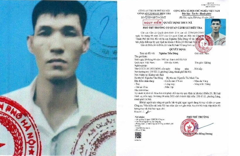 Cơ quan CSĐT Công an TP. Hà Nội đã ra quyết định truy nã Nghiêm Tiến Dũng. Ảnh: Cổng thông tin điện tử Công an TP. Hà Nội.