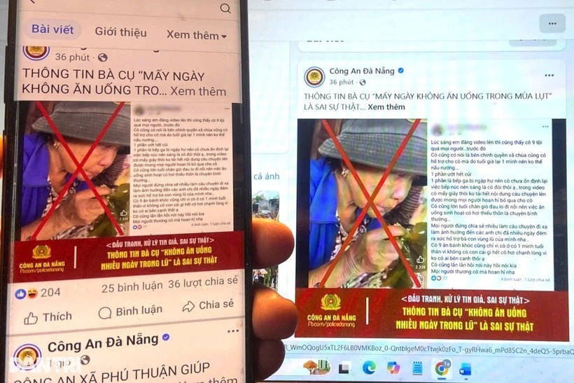 Công an Đà Nẵng khẳng định thông tin đăng tải về việc bà lão bị ngập lụt mấy ngày không có thực phẩm, nước uống là sai sự thật. Ảnh: Dân trí