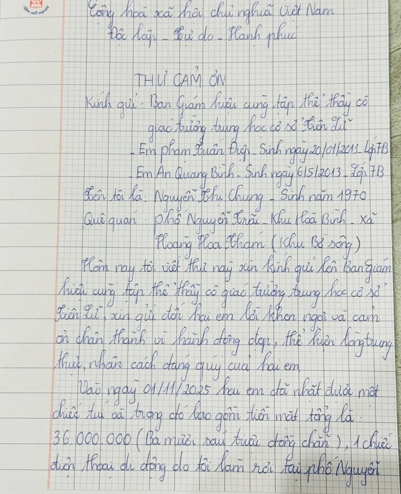 Bà Chung gửi thư cảm ơn tới BGH, thầy cô trường THCS Tiên Lữ và 2 nam sinh lớp 7B. Ảnh: Gia đình & Xã hội