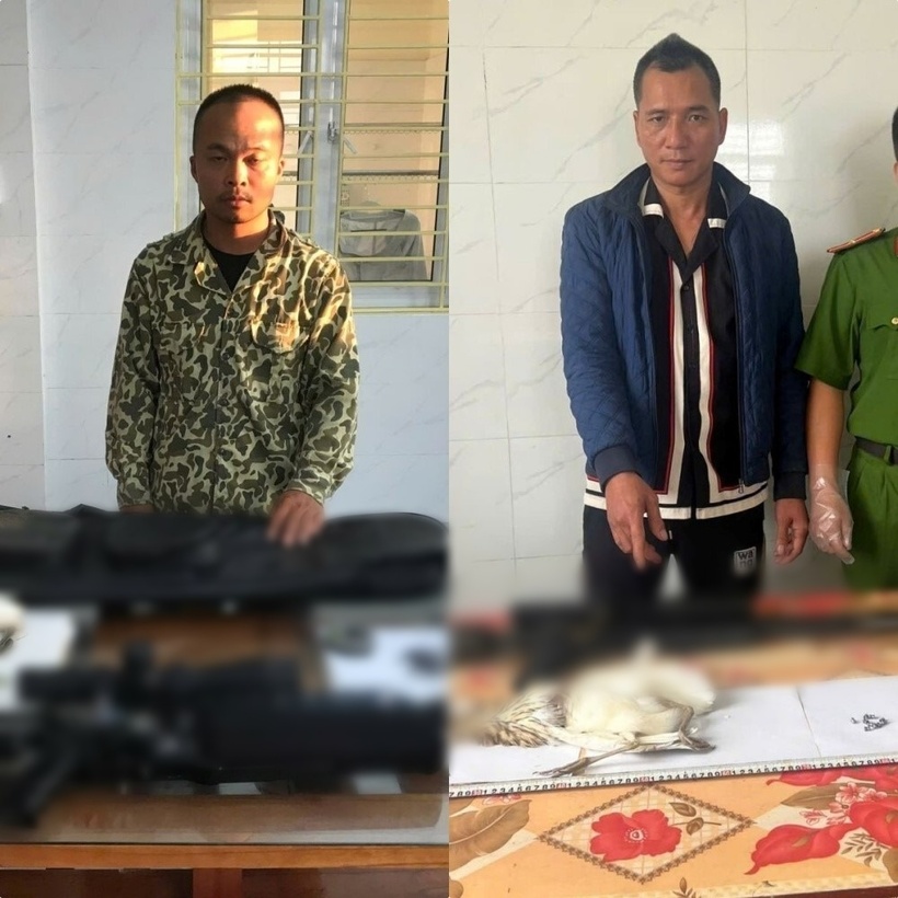 Vũ Quốc Bảo (trái) và Đỗ Mạnh Hải cùng tang vật. Ảnh: Công an tỉnh Hưng Yên.