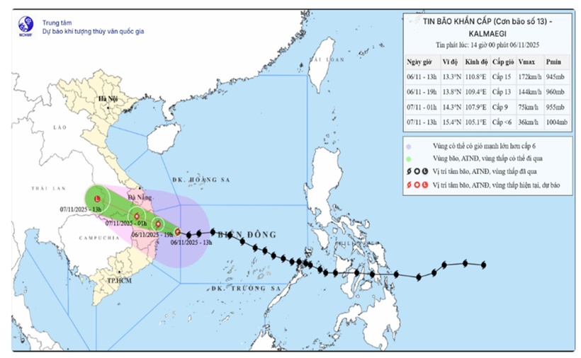 Tin bão số 13 Kalmaegi: Bão cách Quy Nhơn 150km, gió giật trên cấp 17. (Nguồn: Trung tâm Dự báo Khí tượng Thủy văn Quốc gia)
