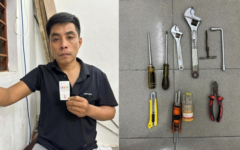 Nguyễn Tri Nghĩa cùng công cụ gây án. Ảnh: Công an TP. Đà Nẵng.