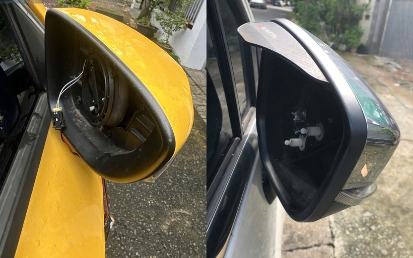 Hàng loạt xe ô tô bị bẻ gương chiếu hậu. Ảnh: Pháp luật TP.HCM