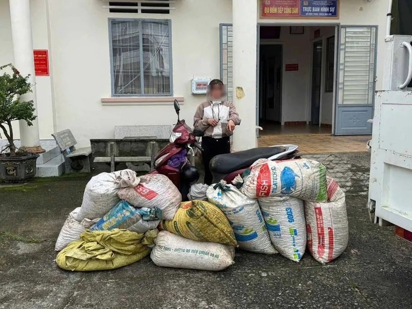 Phạm Thị Thanh Lương bên tang vật là những bao cà phê tươi mới hái trộm của người dân. Ảnh: Pháp luật TP.HCM