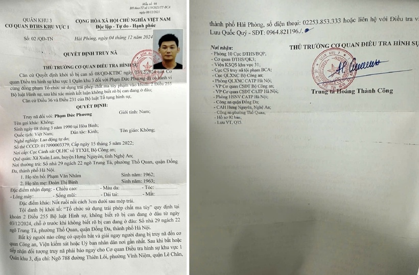 Quyết định truy nã đối tượng Phạm Đức Phương. (Ảnh: Công an TP.Hà Nội)