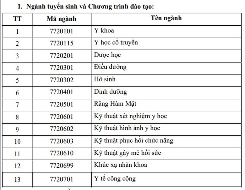 13 ngành đào tạo đại học chính quy tại Trường Đại học Y khoa Phạm Ngọc Thạch năm 2026. Ảnh: Dân trí