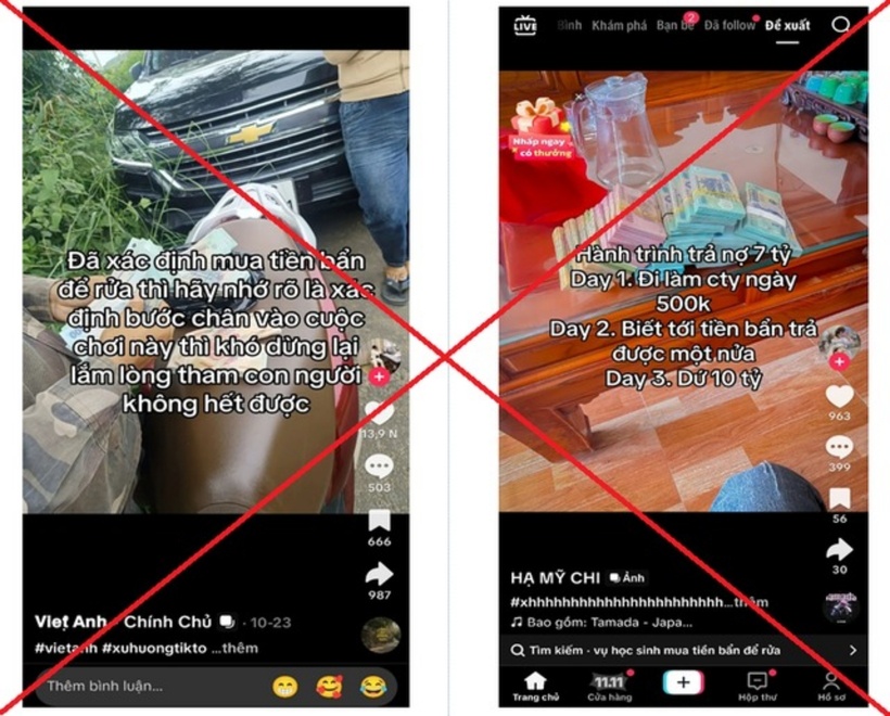 Một số bài viết lôi kéo người dân tham gia “mua tiền bẩn để rửa” trên mạng TikTok. Ảnh: Công an tỉnh Hưng Yên/Người đưa tin.
