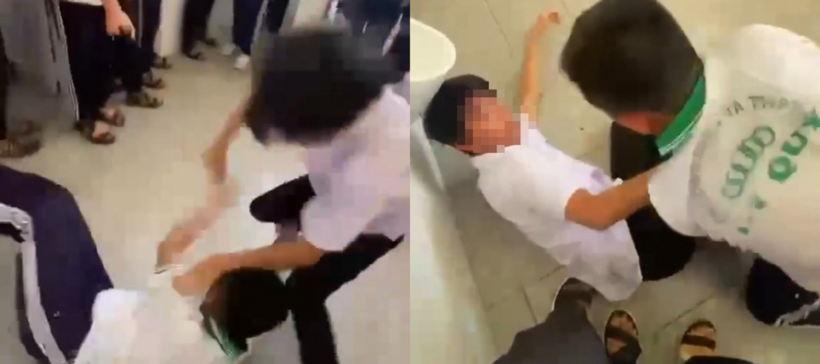 Hình ảnh hai trong 4 vụ học sinh Trường THCS và THPT Mỹ Quý đánh nhau. Ảnh: Người Lao Động.