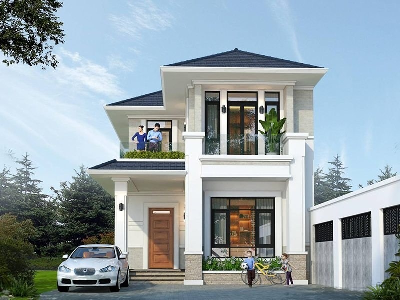 Mẫu nhà 2 tầng kết hợp kinh doanh tiếp theo mang phong cách tân cổ điển sang trọng, kết hợp các màu sắc trang nhã như màu trắng, đen, tạo sự tương phản độc đáo. Ảnh: Wedo Architecture & Construction