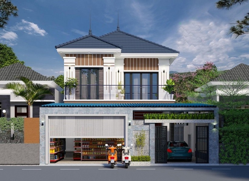 Mẫu nhà sở hữu thiết kế mái ngói chữ A trông khá bề thế và sang trọng. Tầng 1 được tận dụng hết tối đa diện tích xây dựng để bố trí thành khu bán hàng tiện lợi. Ảnh: Wedo Architecture & Construction