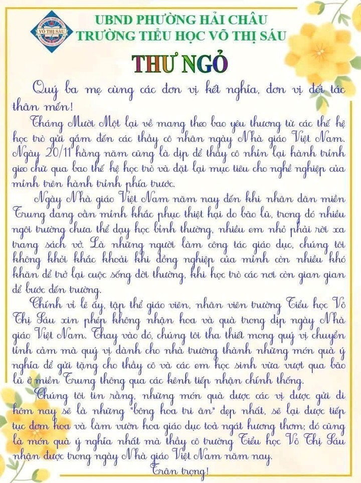 Bức thư ngỏ của Trường Tiểu học Võ Thị Sáu. Ảnh: VTC News.