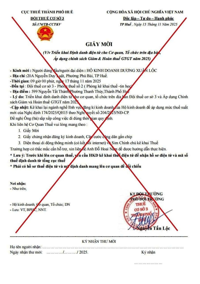 Văn bản giả mạo cơ quan thuế tại Huế nhằm mục đích lừa đảo. Ảnh: Tiền Phong