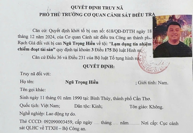 Cơ quan Cảnh sát điều tra Công an tỉnh An Giang ra quyết định truy nã Ngũ Trọng Hiền về tội "Lạm dụng tín nhiệm chiếm đoạt tài sản". Ảnh: Báo Xây dựng