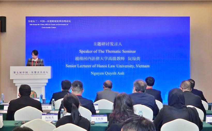 Bà Nguyễn Quỳnh Anh - đại diện Đoàn Hội Luật gia Việt Nam trình bày tham luận.