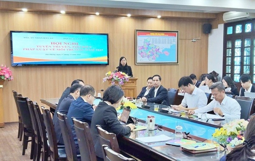 Bà Nguyễn Thị Mai - Chủ tịch Hội Luật gia Tp.Hải Phòng phân tích các đổi mới của Luật Bảo vệ môi trường 2020.