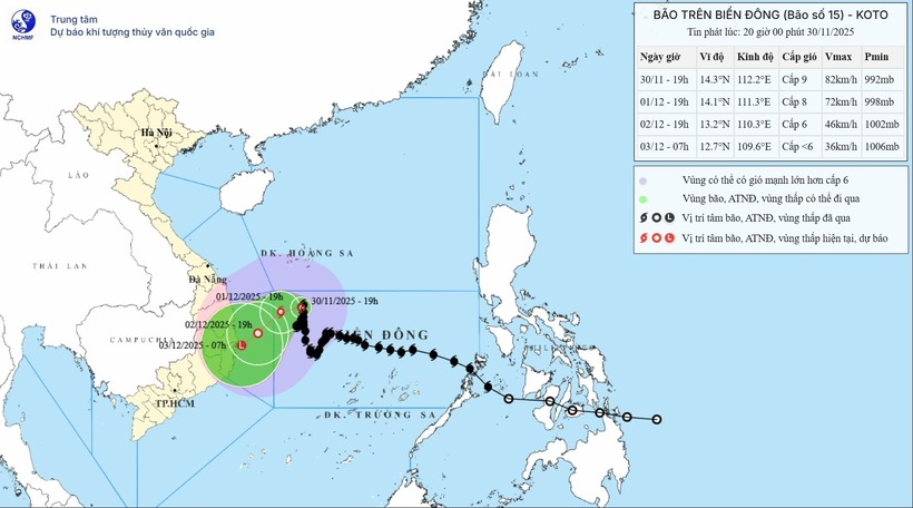 Bão số 15 di chuyển chậm, có khả năng suy yếu trước khi vào Nam Trung Bộ. Ảnh: Trung tâm dự báo khí tượng thủy văn Quốc gia.