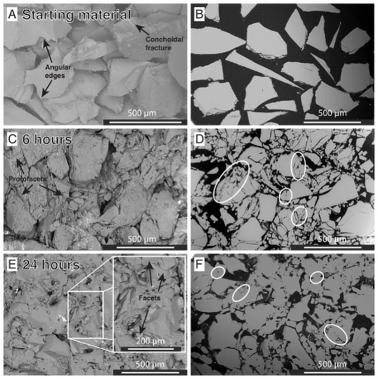 Hình ảnh kính hiển vi điện tử quét của bột thạch anh trước (trên) và sau sáu và 24 giờ xử lý ở áp suất 1 Gigapascal và nhiệt độ 500 độ C. Nguồn: James Watkins/UC Davis