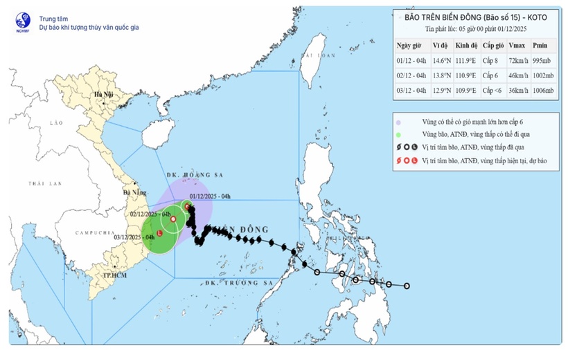 Vị trí bão số 15 vào 4h ngày 1/12. (Ảnh: nchmf)