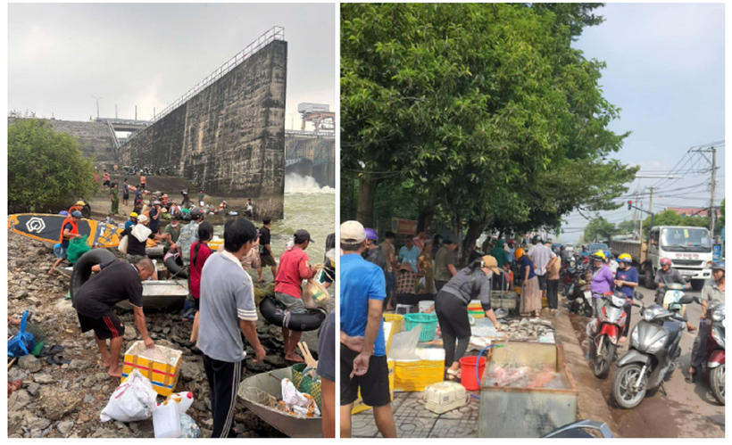 Người dân, tiểu thương tập trung ven đập để mua bán. Ảnh: ZNews