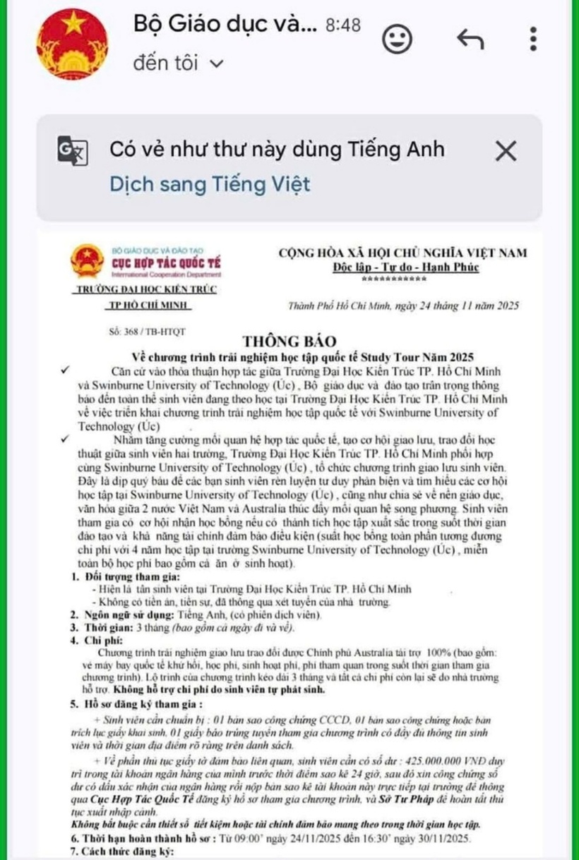 Thư thông báo trúng học bổng giả mạo và lấy logo Bộ GD&ĐT. Ảnh: Tuổi trẻ Online