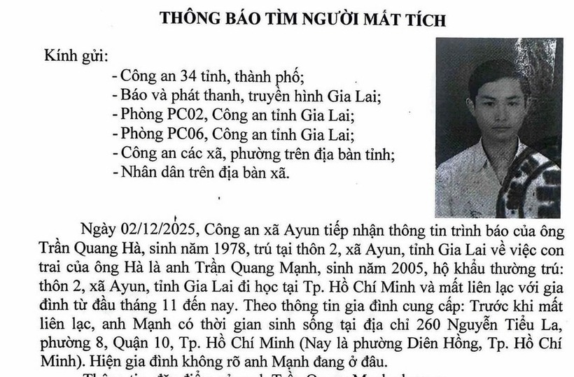 Công an xã Ayun đăng thông báo tìm kiếm nam sinh mất liên lạc. Ảnh: Người lao động