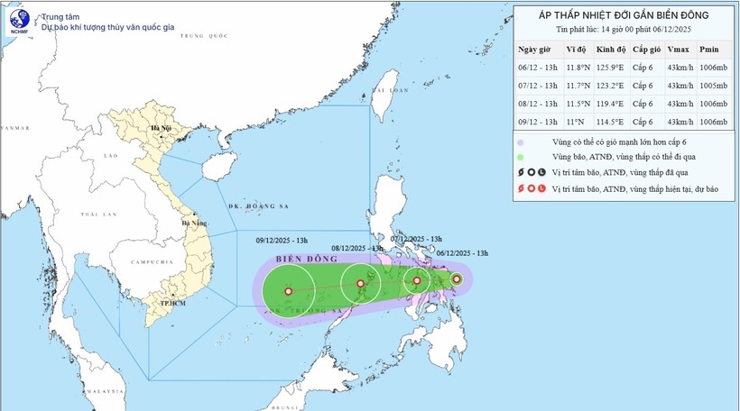 Bản đồ dự báo quỹ đạo và cường độ áp thấp nhiệt đới. Ảnh: NCHMF.