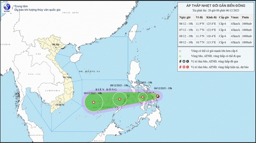 Bản đồ dự báo quỹ đạo và cường độ áp thấp nhiệt đới. Ảnh: NCHMF