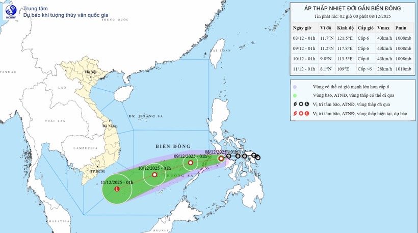 Vị trí áp thấp nhiệt đới vào 1h ngày 8/12. (Ảnh: nchmf)