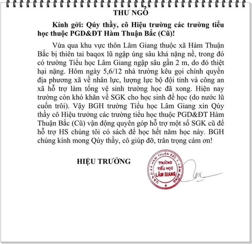 Lá thư đẫm nước mắt của thầy hiệu trưởng. Ảnh: PLO