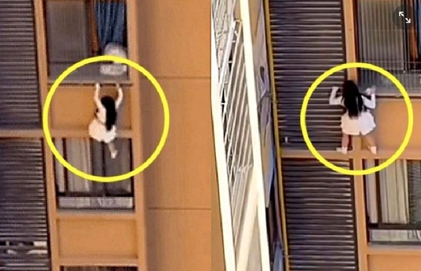 Cô gái này liên tục bám vào các thanh chắn cửa sổ, leo men theo đường ống nước. Ảnh: SNS.