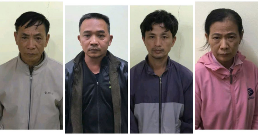 Đối tượng Đoàn Văn Hùng, Tạ Văn Teng, Tạ Thành Châm, Tạ Thị Nga (từ trên xuống dưới, từ trái qua phải). (Ảnh: Công an tỉnh Bắc Ninh)