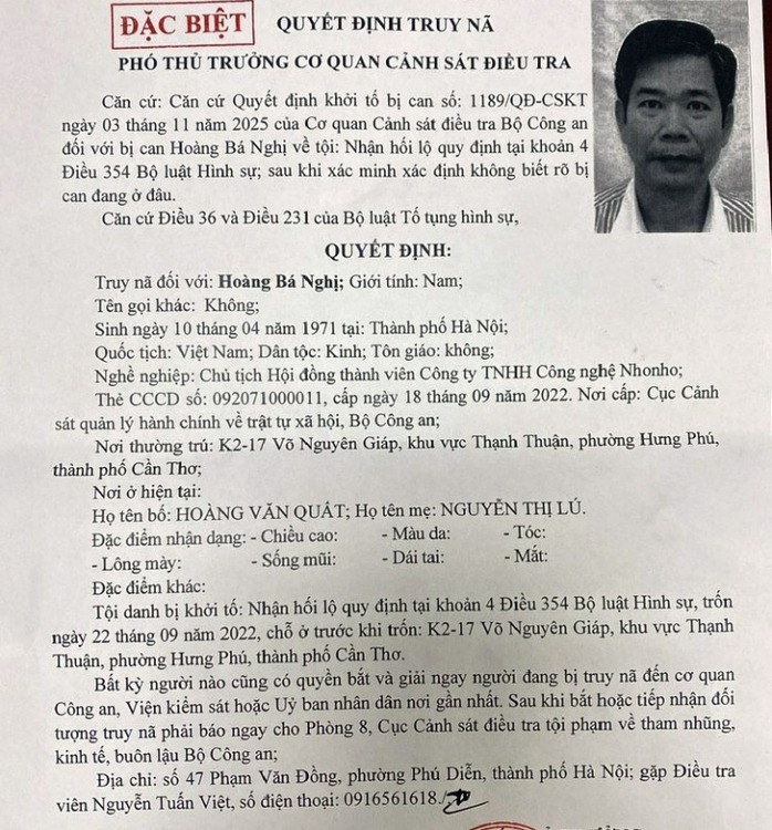 Quyết định truy nã đặc biệt đối với bị can Hoàng Bá Nghị. (Ảnh: Công an nhân dân)
