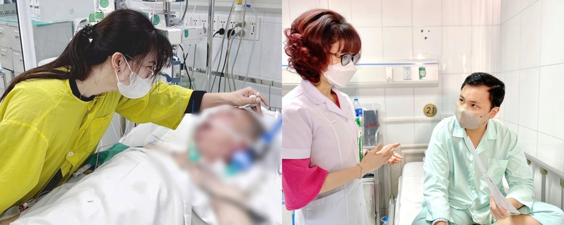 Hình ảnh người vợ nói lời cuối cùng với chồng (trái) và hình ảnh người con hồi phục khi nhận quả thận
