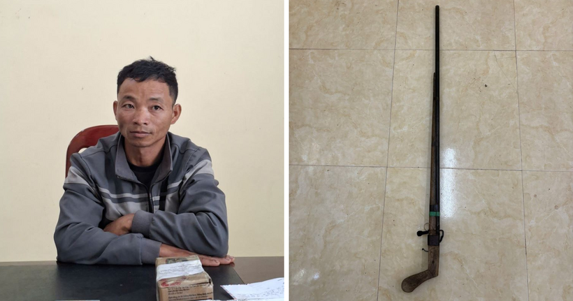 Đối tượng Sùng A Vảng và khẩu súng tang vật Vảng dùng để bắn bà Chư. (Ảnh: CACC)